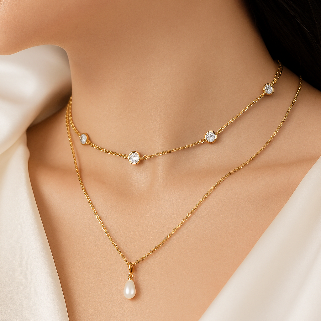 Zircon & Pearl Double Layer Necklace