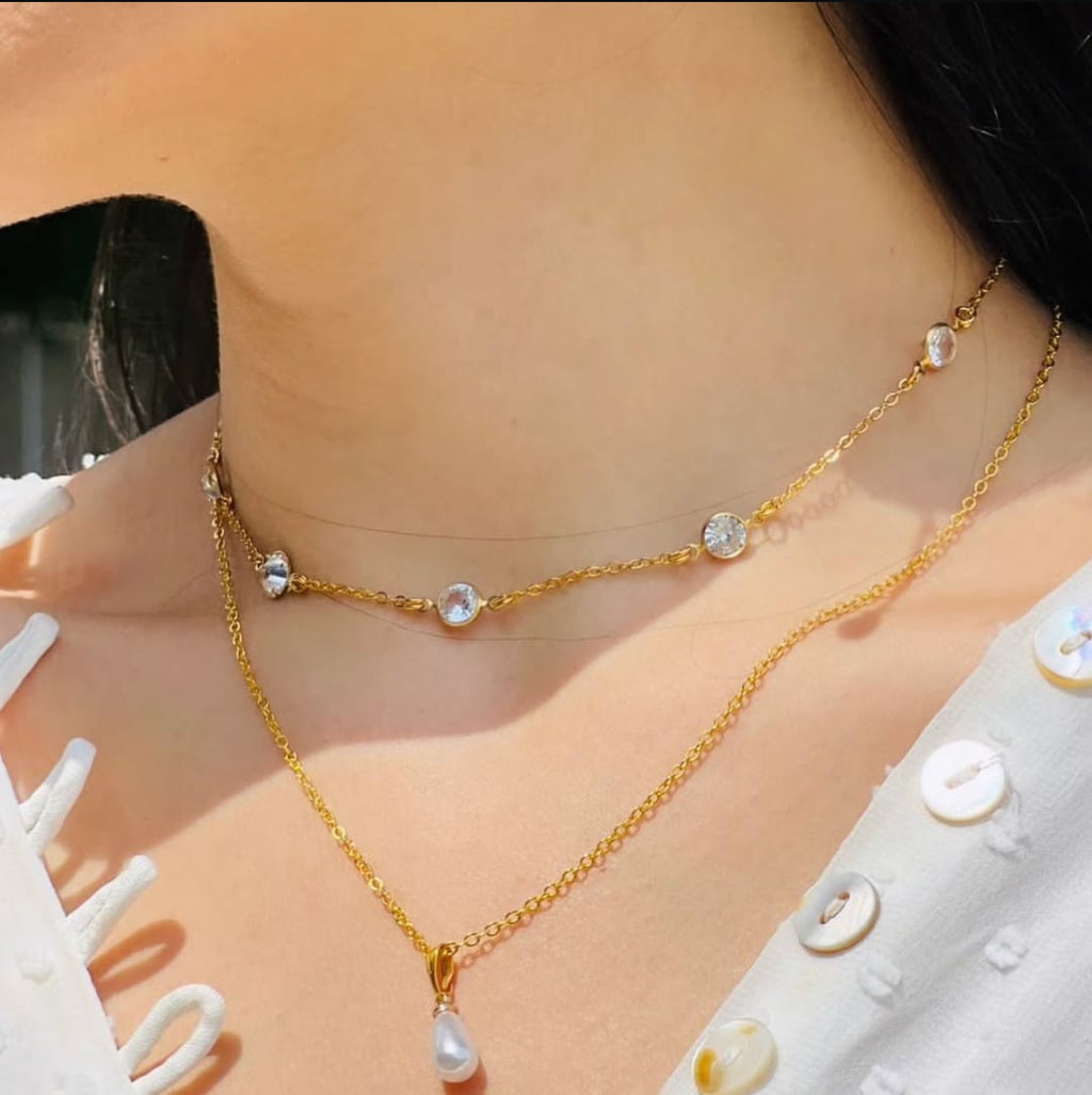 Zircon & Pearl Double Layer Necklace